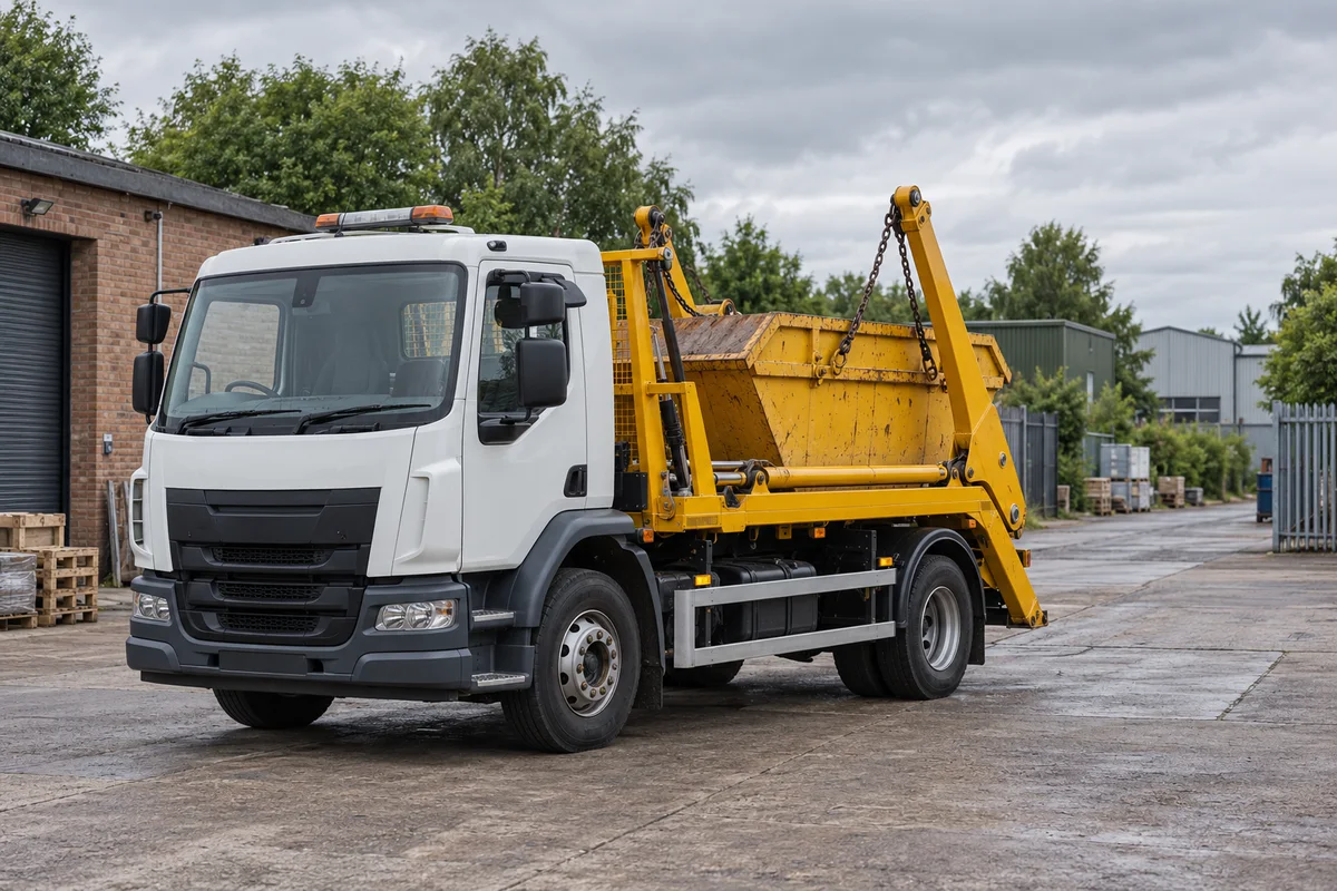 Skip delivery lorry on a wide, clear hardstanding