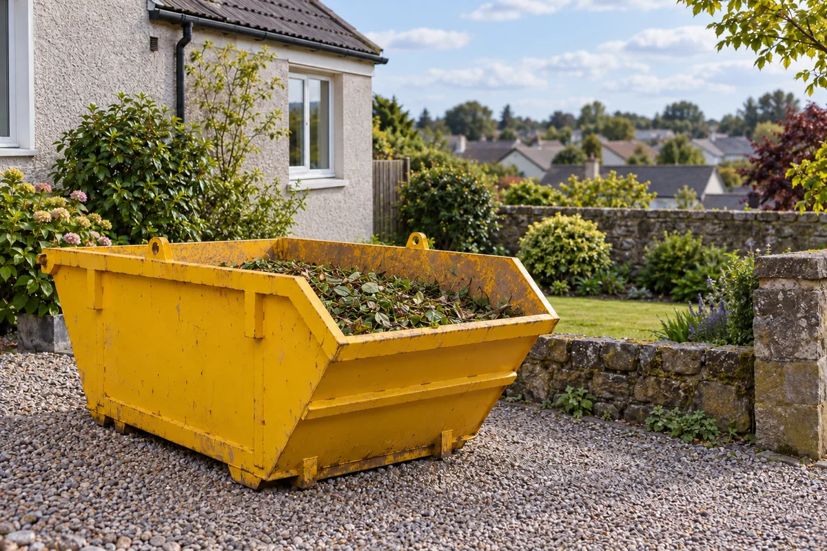 Small yellow skip on a private garden driveway