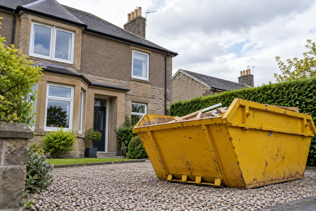 Yellow skip on a private driveway beside a Scottish home